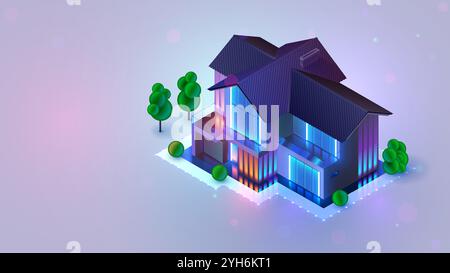 Casa intelligente. Moderno edificio residenziale privato a due piani con garage in serata con luci al neon. Casa con garage 3d isometrico vettoriale Ill Illustrazione Vettoriale