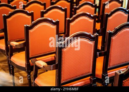 Sedie classiche a teatro. Sedie in velluto vintage nella sala degli spettacoli teatrali. Foto di alta qualità Foto Stock