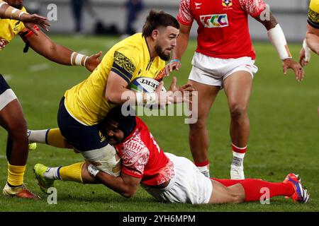 Bucarest, Romania. 9 novembre 2024. Taniela Filimone (R) di Tonga sfida con la Romania Cristi Chirica durante la loro partita internazionale di test di rugby allo stadio Arcul de Triumf di Bucarest, Romania, 9 novembre 2024. Crediti: Cristian Cristel/Xinhua/Alamy Live News Foto Stock