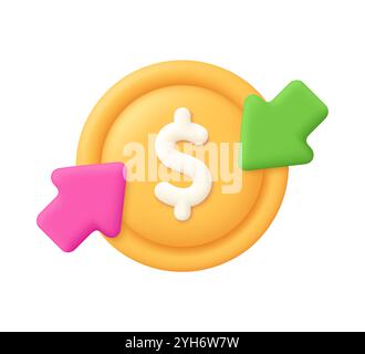 Moneta da un dollaro con la freccia verso il basso e verso l'alto. Perdita o crescita finanziaria, aumento o basso dei ricavi. Finanza e business concept. icona vettoriale 3d. Minimi dei cartoni animati Illustrazione Vettoriale
