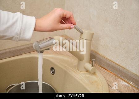 Rubinetto da cucina regolabile a mano con acqua che scorre nel recipiente in acciaio inox nel lavandino beige. Foto ravvicinate dell'utilizzo delle utenze in cucina. Foto Stock