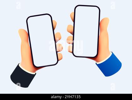 Simpatico cartone animato mani che tengono in mano uno smartphone cellulare. Mockup moderno. Illustrazione vettoriale Illustrazione Vettoriale
