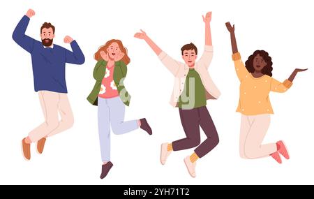 Gruppo di giovani felici che saltano in aria. Gente allegra. Set di maschi e femmine multietnici felici Illustrazione Vettoriale