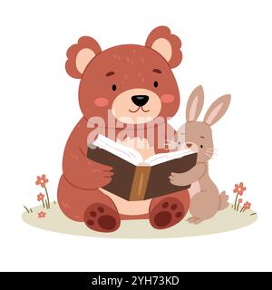 Bunny e Bear sono seduti sul prato e leggono un libro. Animali carini che leggono racconti, letteratura, apprendimento e educazione, illustrazioni per bambini Illustrazione Vettoriale