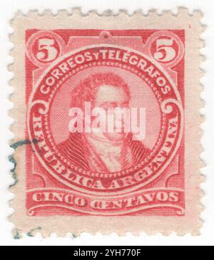 ARGENTINA - 1890 aprile 08: Francobollo 5 centavos carmine raffigurante il ritratto di Bernardino de la Trinidad Gonzalez Rivadavia, primo presidente dell'Argentina, poi chiamato le Province Unite del Río de la Plata, dall'8 febbraio 1826 al 27 giugno 1827. Studiò al Royal College di San Carlos, ma se ne andò senza finire gli studi. Durante le invasioni britanniche servì come terzo luogotenente dei volontari della Galizia. Partecipò al Cabildo aperto il 22 maggio 1810 votando per la deposizione del viceré Foto Stock