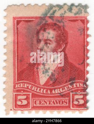 ARGENTINA - 1892 settembre 10: Francobollo 5 centavos carmine raffigurante il ritratto di Rivadavia (1780-1845). Bernardino de la Trinidad Gonzalez Rivadavia, primo presidente dell'Argentina, poi chiamato Province Unite del Río de la Plata, dall'8 febbraio 1826 al 27 giugno 1827. Studiò al Royal College di San Carlos, ma se ne andò senza finire gli studi. Durante le invasioni britanniche servì come terzo luogotenente dei volontari della Galizia. Partecipò al Cabildo aperto il 22 maggio 1810 votando per la deposizione del viceré Foto Stock