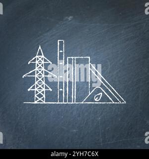 Schizzo dell'icona dell'impianto di riciclaggio della biomassa sulla lavagna. Simbolo della centrale elettrica a energia rinnovabile - gesso disegnato sulla lavagna. Concetto di energia alternativa. Illustrazione Vettoriale