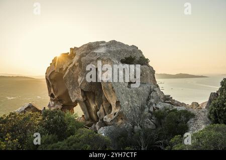 Bizzarre rocce granitiche, roccia dell'Orso, tramonto, Capo d'Orso, Palau, costa Smeralda, Sardegna, Italia, Oceania Foto Stock