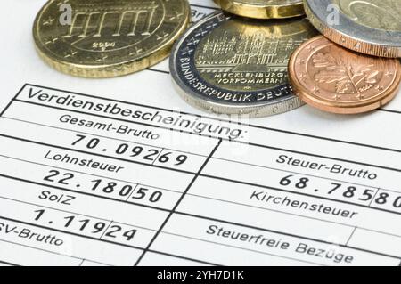 Modulo di contabilità dei salari con monete in euro, Repubblica federale di Germania Foto Stock