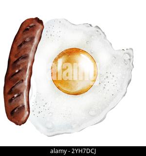 Colazione con uova fritte e salsicce, acquerello. Cibo disegnato a mano su sfondo bianco. Clip art per servire. Ideale per menu di ristoranti, poster e spuntini Foto Stock