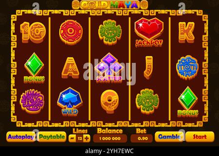 Menu completo e set di simboli a 12 slot a tema azteco o Maya. Icone di stile per giochi 2D e casinò o slot. Elementi grafici per lo sviluppo di Illustrazione Vettoriale