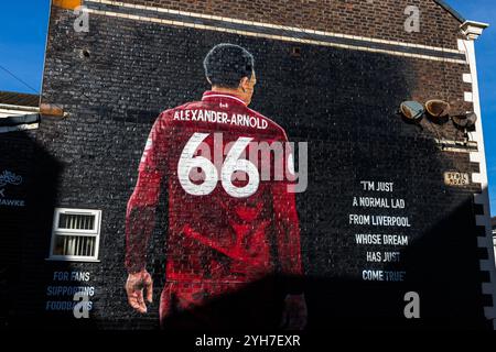 Murale di Trent Alexander-arnold SEE in Sybil Road, Anfield. Il murale alla fine di una serie di case a schiera vicino al Liverpool FC, lo stadio Anfield. PI Foto Stock