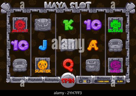 Set di simboli a 12 slot tema Maya o Azteco e set completo di simboli a 12 slot. . Icone di pietra per giochi 2D e casinò o slot machine. Elementi grafici per Illustrazione Vettoriale