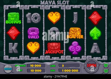 Set di simboli a 12 slot tema Maya o Azteco e set completo di simboli a 12 slot. . Icone di pietra per giochi 2D e casinò o slot per lo sviluppo di Illustrazione Vettoriale