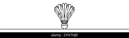 Un'illustrazione a linea continua di un rubinetto di badminton, isolato su sfondo bianco. Arte di linea di badminton shuttlecock Illustrazione Vettoriale