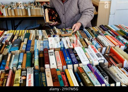 Donna anziana, pensionato di OAP guarda attraverso una selezione di libri di seconda mano, una vendita di librerie. Petworth, West Sussex. Inghilterra 8 aprile 2006 2000s Regno Unito HOMER SYKES Foto Stock