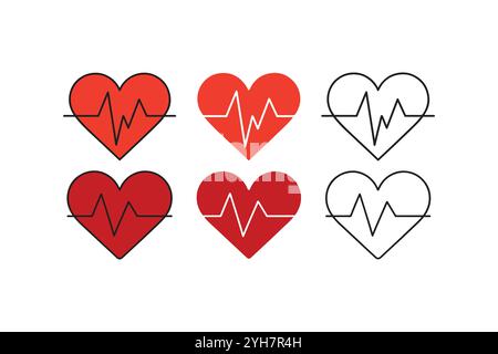 Cuore rosso con polso, icone del cuore con polso, icona del polso del battito cardiaco, contorno del battito cardiaco. Illustrazione Vettoriale