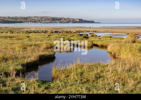 Vista dalla spiaggia di Pentraeth attraverso le paludi salate fino al villaggio di Red Wharf Bay. Isola di Anglesey, Galles, Regno Unito, Gran Bretagna Foto Stock