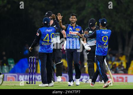 Dambulla, Sri Lanka. 9 novembre 2024. Matheesha Pathirana (C) dello Sri Lanka festeggia con i compagni di squadra dopo aver preso il wicket del neozelandese Josh Clarkson (2° L) durante la prima partita di cricket internazionale Twenty20 tra Sri Lanka e nuova Zelanda al Rangiri Dambulla International Cricket Stadium di Dambulla, Sri Lanka, il 9 novembre 2024. Crediti: Ajith Perera/Xinhua/Alamy Live News Foto Stock