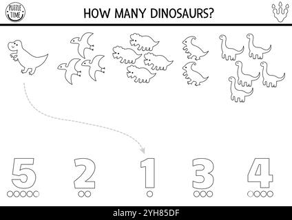 Gioco di conteggio e abbinamento in bianco e nero con dinosauri. Attività di aggiunta matematica Dino per bambini in età prescolare. Conteggio delle linee preistoriche stampabile Illustrazione Vettoriale