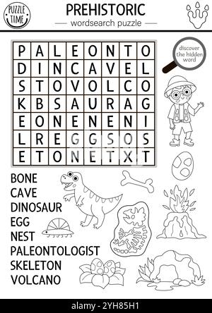 Puzzle Vector in bianco e nero per la ricerca di dinosauri per bambini. Quiz di ricerca per parole su linea dino. Attività didattica con paleontologo, scheletro, vulcano, ecc. Illustrazione Vettoriale