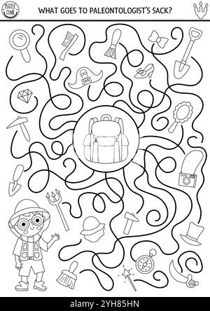 Labirinto bianco e nero di dinosauro per bambini con simpatici paleontologi e il suo sacco. Attività preistorica in linea prescolare stampabile con ragazzo archeologo, to Illustrazione Vettoriale