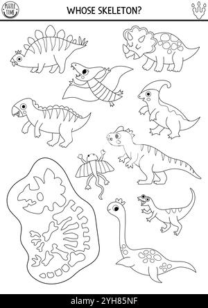 Attività di abbinamento di dinosauro bianco e nero con animali carini, scheletro di triceratops. Puzzle di linea preistorica con stegosauro. Abbina e circonda le ossa Illustrazione Vettoriale