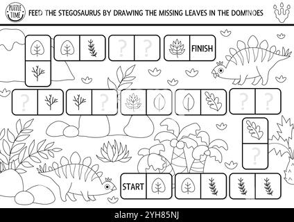 Puzzle Vector in bianco e nero con domino di dinosauro per bambini con immagini. Quiz sulla linea di riconoscimento della forma preistorica. Labirinto, disegno, corrispondenza e attiv logico Illustrazione Vettoriale