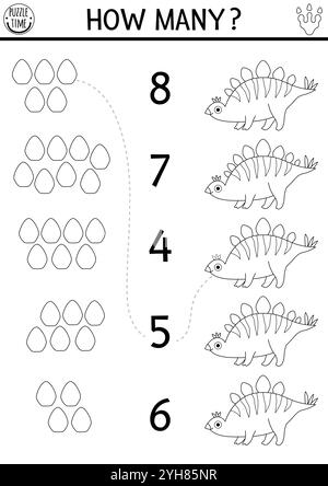 Il bianco e nero abbina i numeri del gioco dei dinosauri con stegosauro e placche ossee. Attività matematica preistorica, pagina da colorare per bambini. Educazione Dino Illustrazione Vettoriale