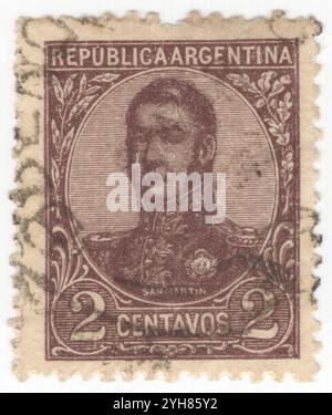 ARGENTINA - 1908 febbraio 20: Francobollo di cioccolato 2 centavo raffigurante il ritratto di José Francisco de San Martin y Matorras (1778-1850), conosciuto come il Liberatore di Argentina, Cile e Perù. Generale argentino e leader principale delle parti centrali e meridionali della lotta per l'indipendenza dall'Impero spagnolo che servì come protettore del Perù. Nato a Yapeyú, Corrientes, nell'attuale Argentina, lasciò il Vicereame del Río de la Plata all'età di sette anni per studiare a Málaga, in Spagna Foto Stock