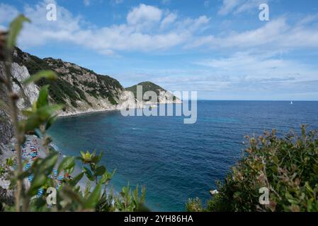 Una vista spettacolare sulla spiaggia di Sansone all'Isola d'Elba in estate, con cespugli nell'argine, con una barca a vela in lontananza Foto Stock