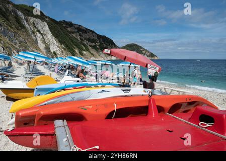 Tavole da paddle multicolore uscite dalle acque blu della spiaggia di Sansone nell'isola d'Elba (Italia) in estate Foto Stock