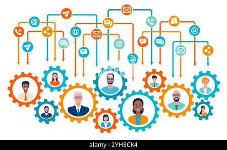 Ingranaggi collegati multicolore. All'interno di Gears, sono presenti raffigurazioni di professionisti aziendali che collaborano. Lavoro di squadra aziendale, concetti di comunicazione Illustrazione Vettoriale