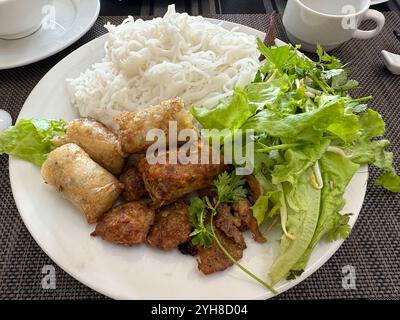 Piatto tradizionale vietnamita - involtini primaverili fritti, maiale e riso Foto Stock