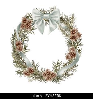 Corona vintage con rami di abete verde, coni di abete rosso con un nastro di seta blu e fiocco in stile realistico come simbolo di Natale, Capodanno, vacanze Foto Stock