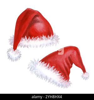 Cappelli rosso brillante con pelliccia bianca di Babbo Natale in acquerello. Due modelli di Natale per biglietti d'auguri, bordi, striscioni, album, tex Foto Stock