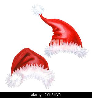 Cappelli rosso brillante con pelliccia bianca di Babbo Natale in acquerello. Due modelli di Natale per biglietti d'auguri, bordi, striscioni, album, tex Foto Stock