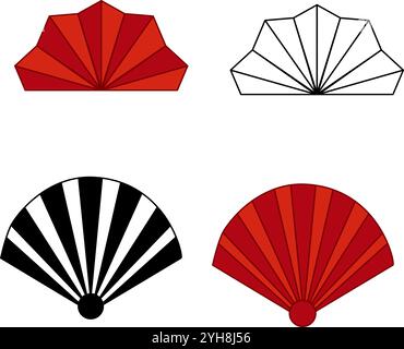 Set di elementi di design asiatici. Collezione decorativa vettoriale di ventilatori in cartone animato. stile cinese e giapponese. illustrazione grafica ventole rosse Illustrazione Vettoriale