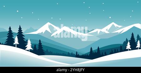 Paesaggio montano invernale. Foresta sullo sfondo di montagne e neve. Illustrazione del vettore natalizio per il design. Illustrazione Vettoriale