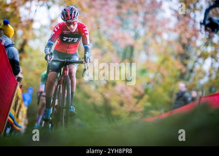 Lokeren, Belgio. 10 novembre 2024. Olandese Annemarie peggiore in azione durante la gara femminile d'élite del ciclocross 'Rapencross' a Lokeren, seconda gara del Trofeo Badkamers X2O, domenica 10 novembre 2024. BELGA PHOTO JASPER JACOBS credito: Belga News Agency/Alamy Live News Foto Stock