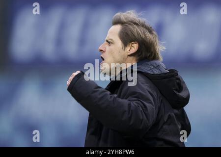 Anversa, Belgio. 10 novembre 2024. Il capo-allenatore di Beerschot John Goldberg celebra durante una partita di hockey tra Beerschot e Uccle Sport, domenica 10 novembre 2024 ad Anversa, il giorno 11 del campionato belga di hockey di prima divisione. BELGA FOTO KRISTOF VAN ACCOM credito: Belga News Agency/Alamy Live News Foto Stock