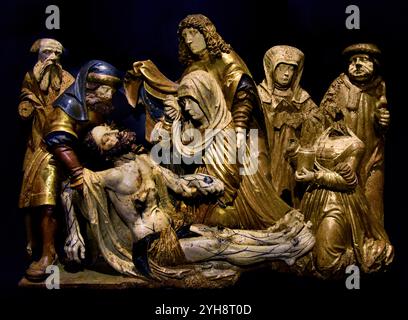 Lamentation Over Dead Christ di Lienhart ASTL 1515-1520 ,Austria, Austria. ( Lamentazione di Cristo, dopo la crocifissione di Gesù, la crocifissione, il suo corpo è stato rimosso, Croce, i suoi amici piangono sul suo corpo, Lamentazione sul Cristo morto ) legno di lima scolpito e dipinto ( Museo di Belle Arti Budapest ) Pala di Santa Cristina XV secolo, Tempera - legno, Cappella di Santa Cristina de Corca (El Baix Emporda), Spagna, XVI secolo Foto Stock