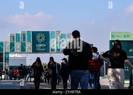 I partecipanti camminano a partire dall'ingresso della COP29 all'inizio della Conferenza delle Nazioni Unite sui cambiamenti climatici, un evento tenuto dall'UNFCCC allo Stadio Olimpico di Baku, la capitale dell'Azerbaigian, il 10 novembre 2024. Foto Stock