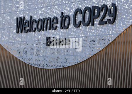 I partecipanti camminano a partire dall'ingresso della COP29 all'inizio della Conferenza delle Nazioni Unite sui cambiamenti climatici, un evento tenuto dall'UNFCCC allo Stadio Olimpico di Baku, la capitale dell'Azerbaigian, il 10 novembre 2024. Foto Stock