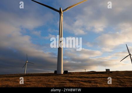 9 novembre 2024. Forss, Caithness, Scozia. Il tecnico Michael Parry ripara una lama di un mulino a vento presso la Forss Wind Farm vicino a Thurso, Scozia. Foto Stock