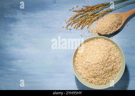 Una ciotola di riso integrale viene posta su un tavolo blu accanto a un cucchiaio di riso e alle orecchie di riso. Il recipiente è pieno di riso e il cucchiaio è pieno. Il riso Foto Stock