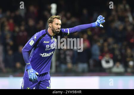 Salerno, Italia,10 novembre ,2024 Vincenzo Fiorillo della US Salernitana 1919 gesti durante la serie B BKT tra US Salernitana 1919 vs US SSC Bari :Agostino Gemito/ Alamy Live News Foto Stock