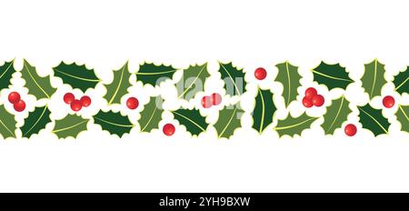Holly garland senza cuciture con foglie e frutti di bosco. Ghirlande disegnate a mano per cornici natalizie e ghirlande per biglietti d'auguri e inviti. VEC Illustrazione Vettoriale