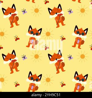Motivo senza cuciture con volpi, estate, sole, farfalla su sfondo giallo. Tessuto per bambini, decorazioni per bambini, tessuti, abbigliamento. Vettore Illustrazione Vettoriale