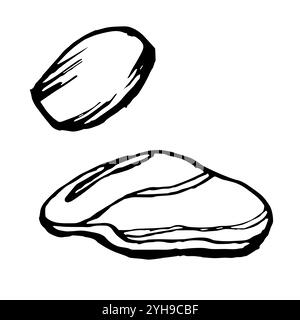 Schizzo di pietre. Illustrazioni monocromatiche vettoriali di pietra naturale in stile contorno. Disegni a mano in grafica in bianco e nero. Delineare la roccia di doodle Illustrazione Vettoriale